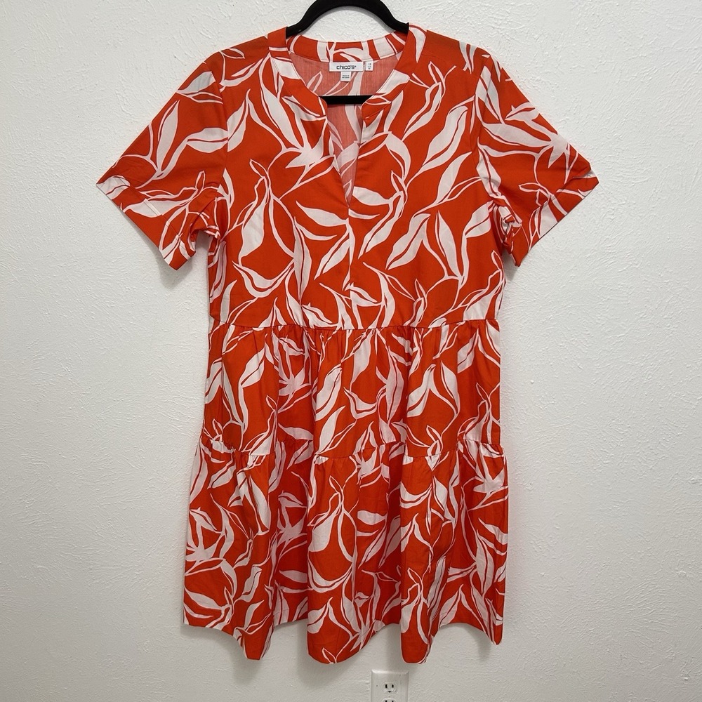 Chico's Orange White Leaf Print Tiered Dress Size 1.5 (10) Pockets Boho Resort